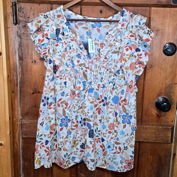 Old Navy Womens 3X Split Neck Ruffle Floral‎ Print Short Sleeve Top Blouse - Picture 3 of 6
